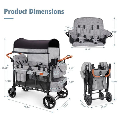 All-Terrain 4-Child Wagon Stroller — Quad-Seater with Canopy, 5-Point Harness, Parent Organizer & Adjustable Handle