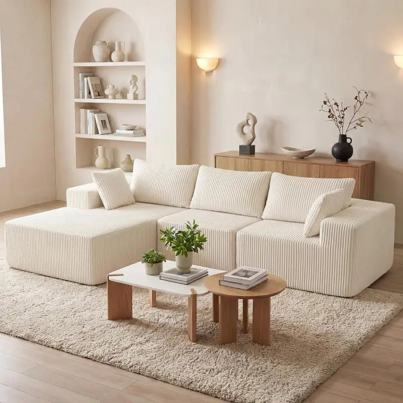 DUMOS Cloud Modular Sectional Sofa  108″ L-Shaped Boneless Couch with Deep Seat, Beige (Left Chaise)