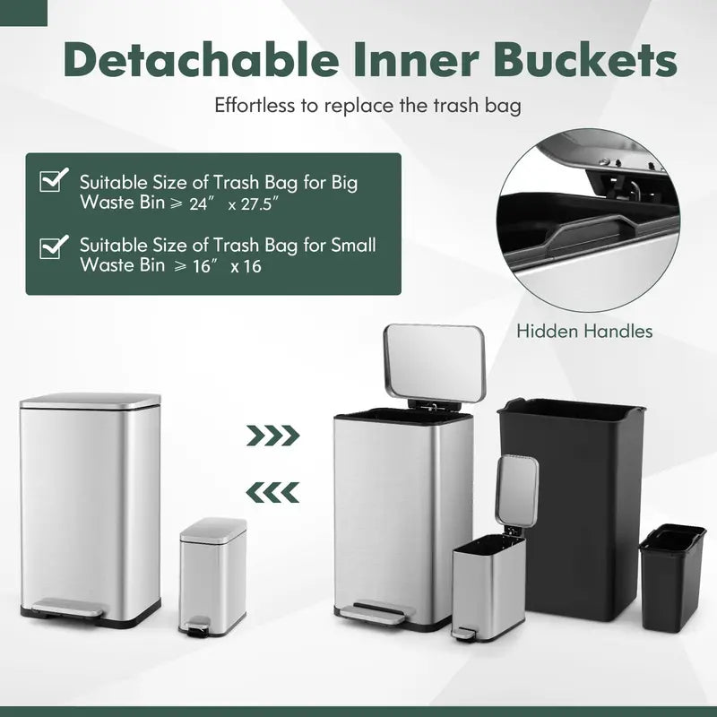 Dual-Size Step-Activated Stainless Steel Trash Can Set (10.6 Gal + 1.6 Gal)