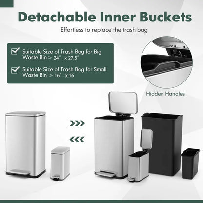 Dual-Size Step-Activated Stainless Steel Trash Can Set (10.6 Gal + 1.6 Gal)