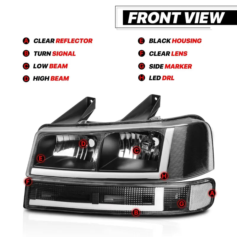 Set of 4 LED Running Light Bars (L+R) with Black Headlights &amp; Bumper Signals  Direct-Fit Upgrade for 20032023 Chevrolet Express Vans