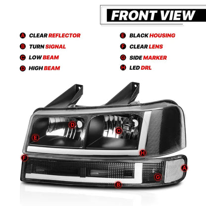Set of 4 LED Running Light Bars (L+R) with Black Headlights &amp; Bumper Signals  Direct-Fit Upgrade for 20032023 Chevrolet Express Vans