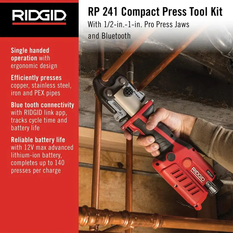RIDGID RP 241 Compact Inline Press Tool Kit Includes 3 ProPress Jaws (1/2 in., 3/4 in., 1 in.), 2-12V Batteries, Charger + Case 57373