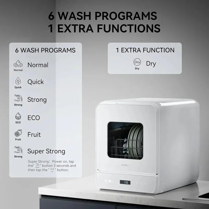 Hermitlux Portable Dishwasher with 7 Wash Cycles and Efficient Mini Footprint