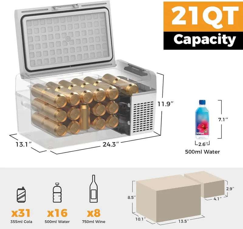 RF20 12V Portable Car Refrigerator | 21-Quart Compressor Cooler with 50-Hour Battery Life, Ideal for RVs, Trucks, Campers &amp; Road Trips
