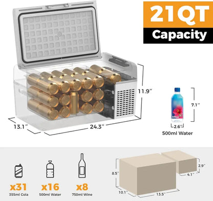 RF20 12V Portable Car Refrigerator | 21-Quart Compressor Cooler with 50-Hour Battery Life, Ideal for RVs, Trucks, Campers &amp; Road Trips