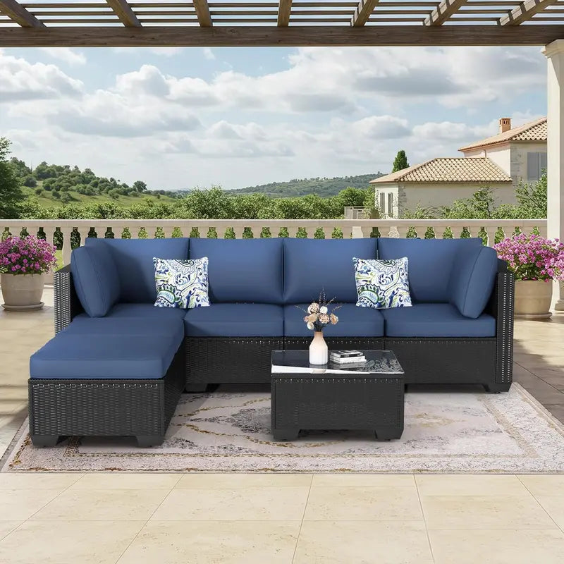 7-Piece PE Rattan Patio Furniture Set  Navy Cushioned Sectional Sofa, Tea Table & Black Wicker Frame for Backyard Use