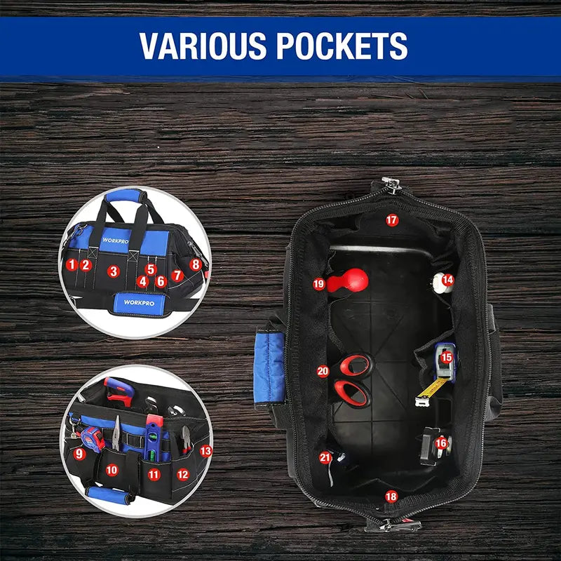 WORKPRO 16″ Wide-Mouth Waterproof Tool Bag  Molded Base for Stability & Durability