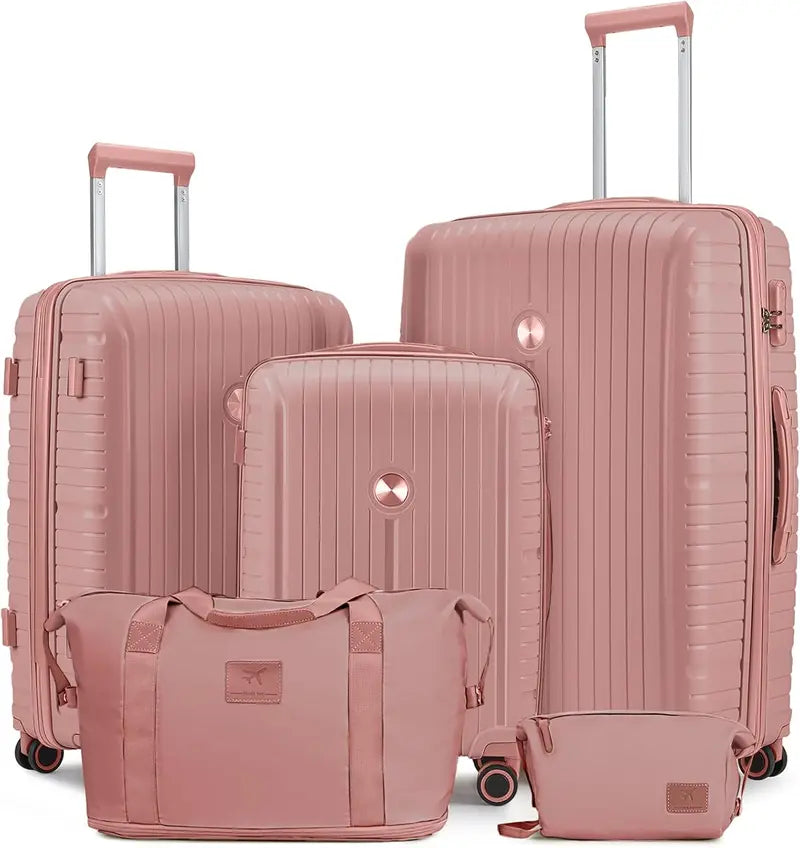 Lightweight 5-Piece PP Hardshell Carry-On Luggage Set  Dual Spinner Wheels & TSA Lock Travel Suitcases