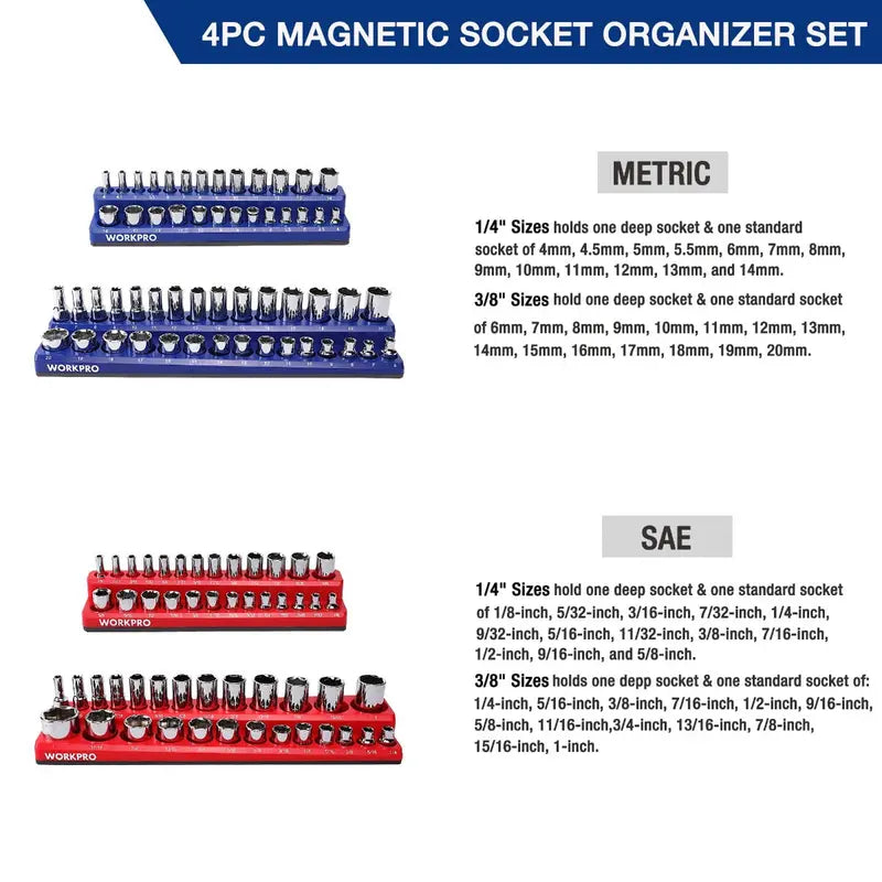 WORKPRO Compact Magnetic Socket Tray Set  4-Piece Organizer for 1/4″ and 3/8″ Drives, Supports 108 Standard Socket Sizes