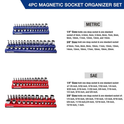 WORKPRO Compact Magnetic Socket Tray Set  4-Piece Organizer for 1/4″ and 3/8″ Drives, Supports 108 Standard Socket Sizes
