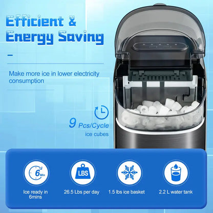 Compact Countertop Ice Maker  26.5 lbs/24H Output, 9-Cube Cycle in 6 Minutes, Self-Cleaning