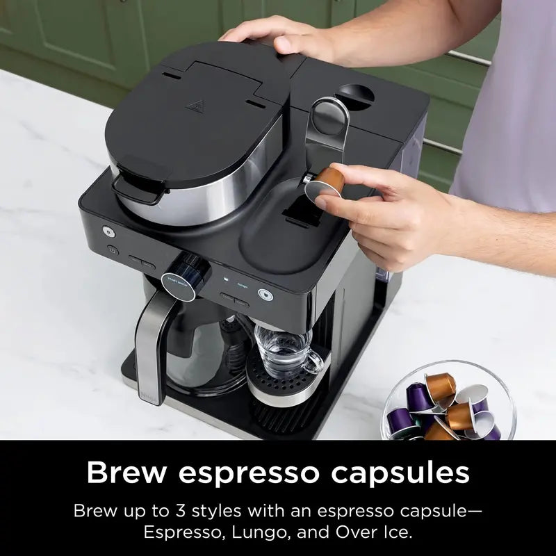 Ninja CFN601 Barista System  Espresso, Coffee & Latte Maker with Built-in Frother, 12-Cup Carafe, and Nespresso-Compatible Brewing  Black
