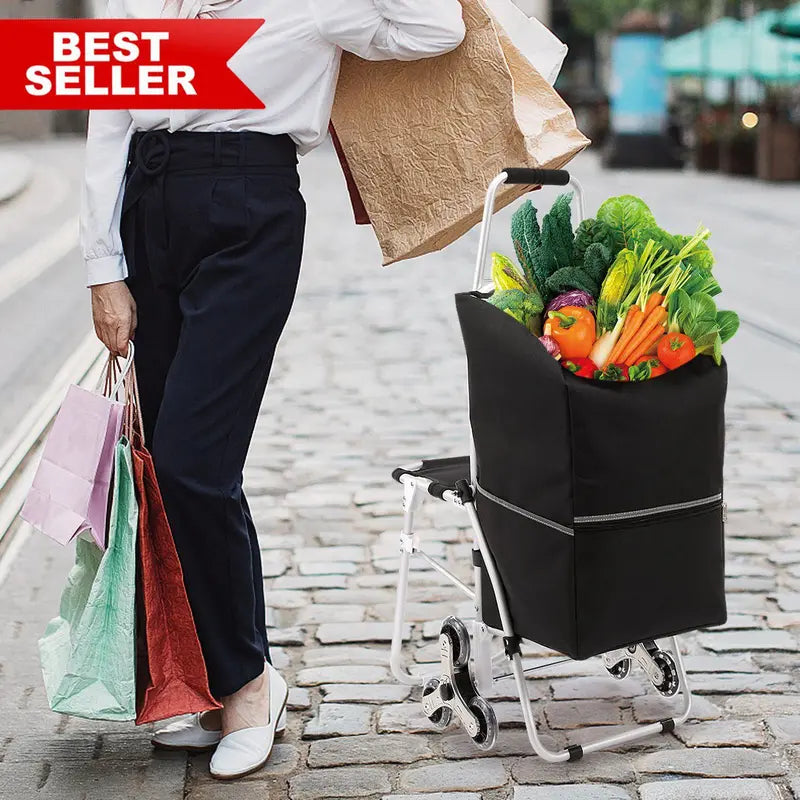 Foldable Stair-Climbing Shopping Cart  50L Capacity with Integrated Bag and Comfort Seat