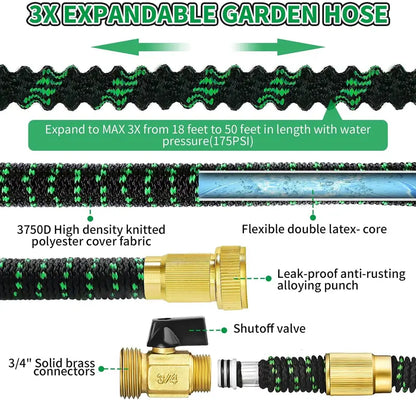 50 FT Flexible and Expandable Garden Hose  Strongest Triple Latex Core with 3/4″ Solid Brass Fittings and 8 Function Spray Nozzle, Easy Storage Kink Free Water Hose