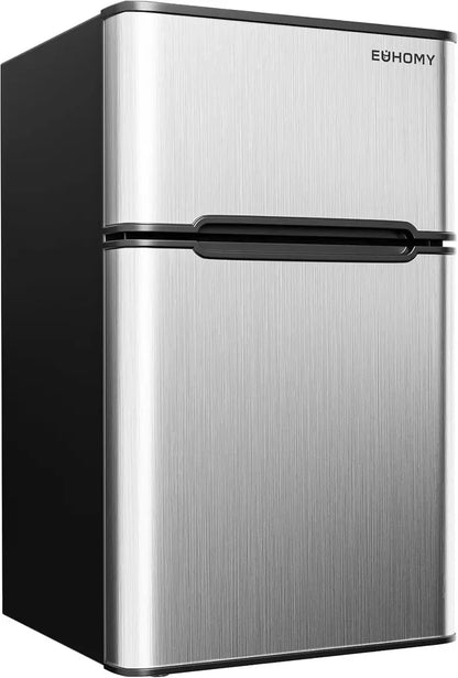 EUHOMY 3.2 Cu. Ft. 2-Door Mini Fridge with Freezer  Compact Silver Refrigerator for Dorms, Offices & Small Spaces