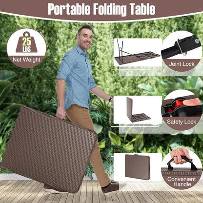 6-Foot Rattan-Style Plastic Folding Table  HDPE Textured Top, 350 lb Outdoor Duty
