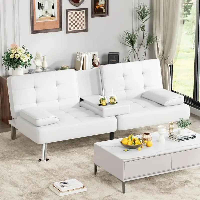 Leather Futon Sofa Bed with Removable Armrests, Reclining Sleeper Function & Dual Cup Holders  Black Modern Design