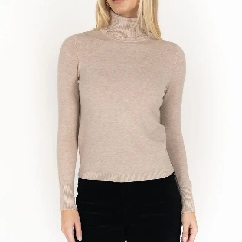 Khaki Ribbed Turtleneck Sweater  Fitted Long-Sleeve Knit Top