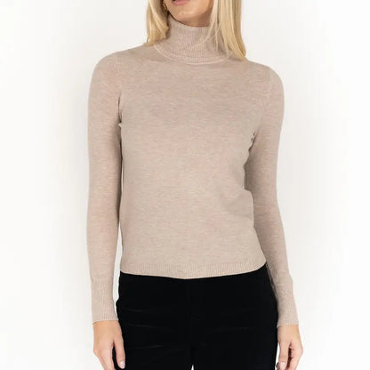 Khaki Ribbed Turtleneck Sweater  Fitted Long-Sleeve Knit Top