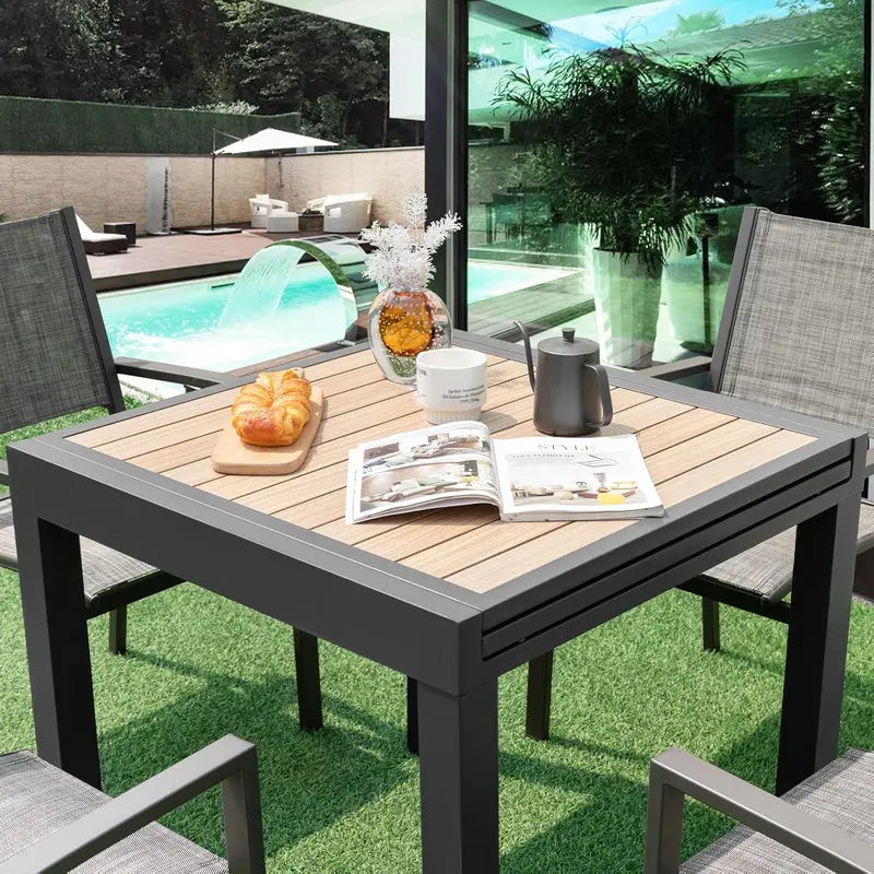 All-Weather Aluminum Extendable Patio Dining Table  Rectangular Outdoor Table for 46, Dark Gray Slatted Top