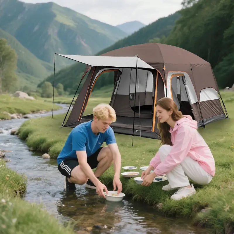 KFeng 12-Person 2-Room Camping Tent  Brown Heavy-Duty Outdoor Shelter with Mesh Ventilation