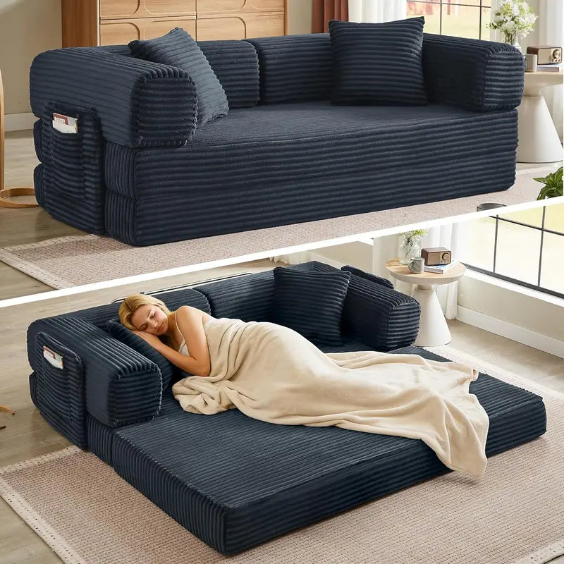 White Boneless Folding Sofa  81″ Corduroy Futon Couch Bed with Fixed-Shape Design for Small Spaces