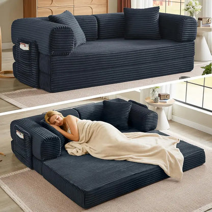 White Boneless Folding Sofa  81″ Corduroy Futon Couch Bed with Fixed-Shape Design for Small Spaces