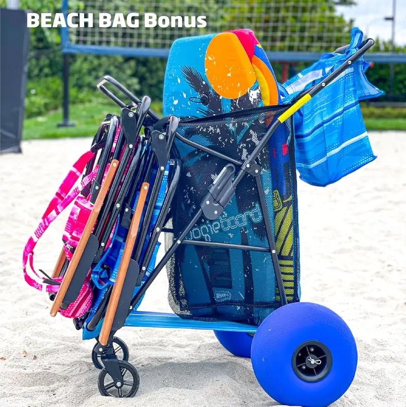 BlueWave Deluxe Beach Cart with Balloon Wheels, Foldable, Holds 4 Chairs & Umbrella, Removable Bag, Blue Striped