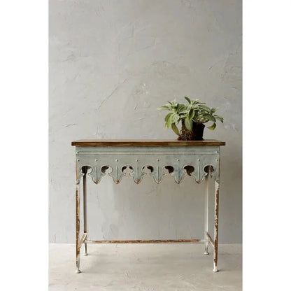Zinc-Finished Scalloped Edge Sofa Table  Wood-and-Metal Accent Piece