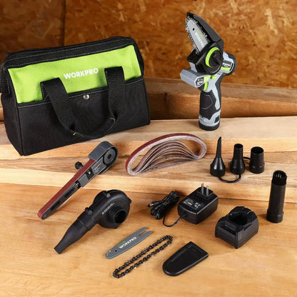 WORKPRO 3-in-1 Cordless Power Tool Kit  Detail Belt Sander, Mini Chainsaw & Electric Blower