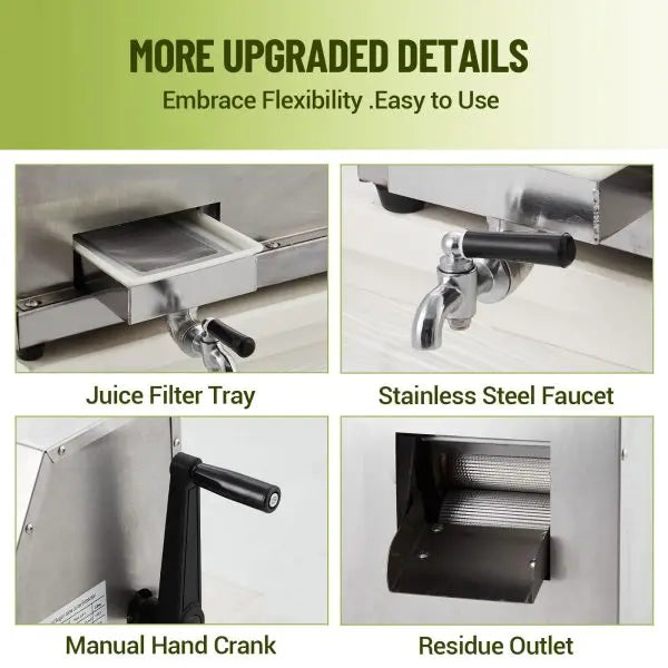 Manual Sugarcane Juicer  Triple Stainless Steel Drum Design, 2.4″ Feed Opening, 110 LB/H Output
