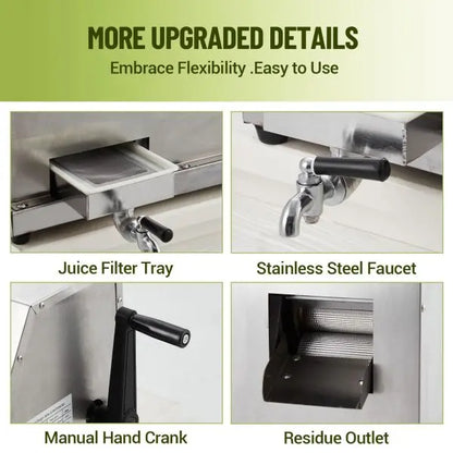 Manual Sugarcane Juicer  Triple Stainless Steel Drum Design, 2.4″ Feed Opening, 110 LB/H Output