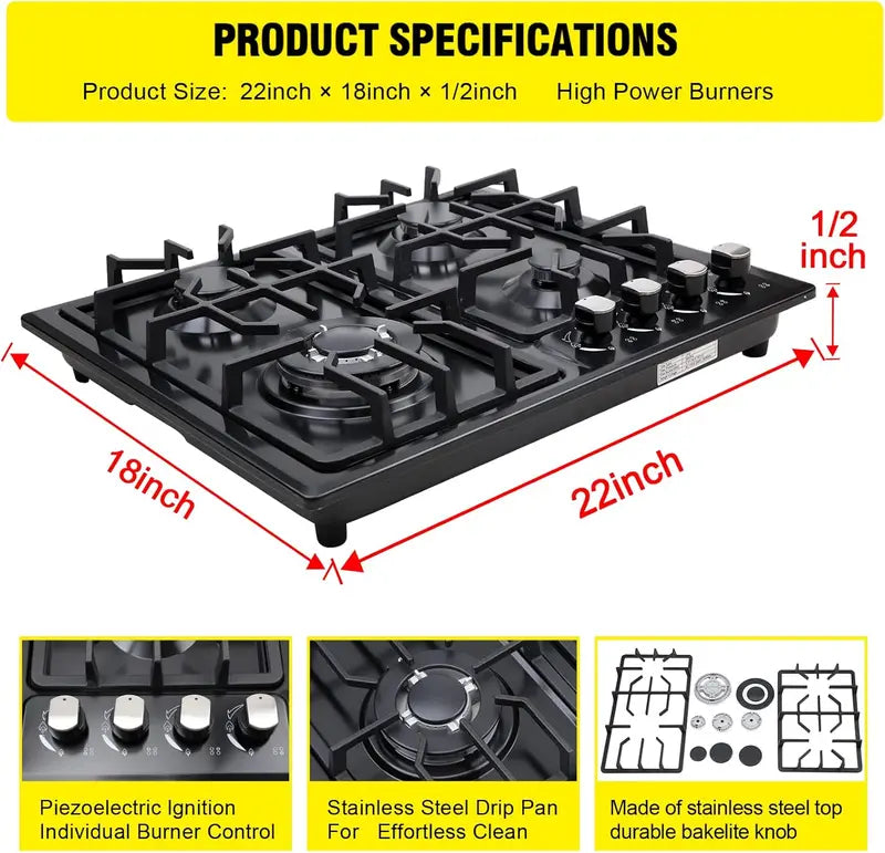 FORIMO 22-Inch Built-In Gas Cooktop  Stainless Steel 4-Burner Stovetop for Seamless Kitchen Integration