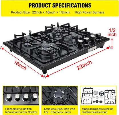 FORIMO 22-Inch Built-In Gas Cooktop  Stainless Steel 4-Burner Stovetop for Seamless Kitchen Integration