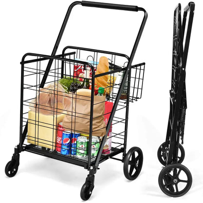 Heavy-Duty Folding Grocery Cart with Dual Baskets, 330-LB Capacity, and 360° Swivel Wheels
