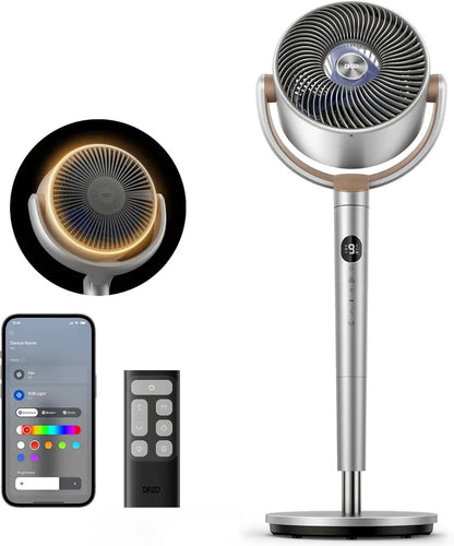 DREO RGB Smart Pedestal Fan: 120°+120° Omni-Oscillation, 9-Speed Quiet DC Motor, 8H Timer, Wi-Fi & Voice Control with Ambient Lighting