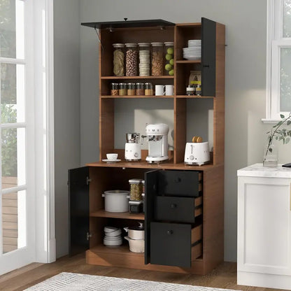 71-Inch Walnut Kitchen Pantry Hutch with Microwave Stand, Adjustable Shelving, 3 Drawers, and Spacious Countertop for Dining or Living Areas