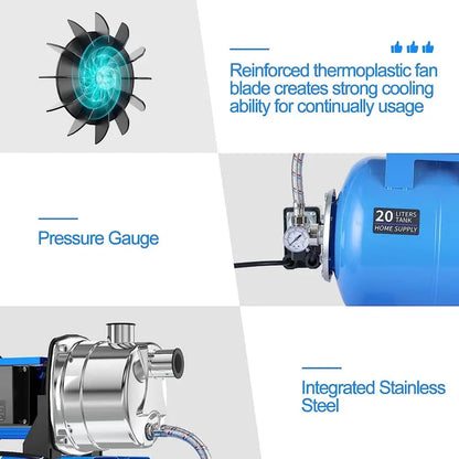1.6 HP Stainless Steel Shallow Well Jet Pump  1268 GPH, Includes Pressure Tank for Irrigation & Drainage