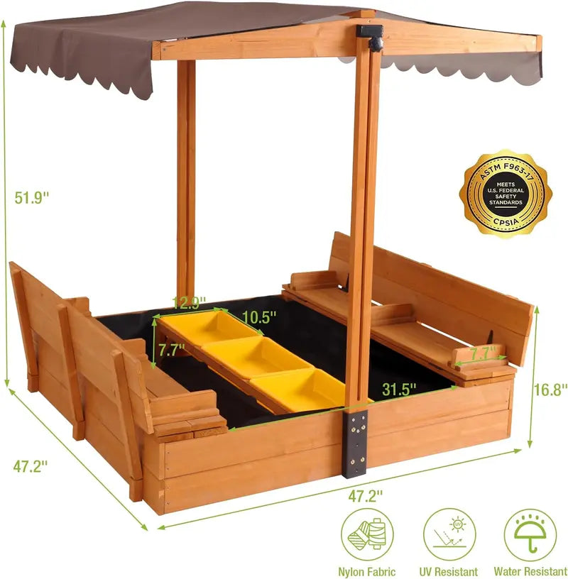 Wooden Outdoor Sandbox with Retractable Canopy  47″ x 47″ Sandpit Featuring Two Foldable Benches & Protective Liner