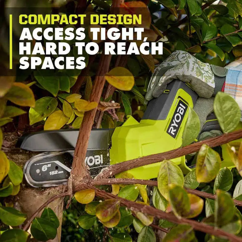 RYOBI ONE+ 18V 6″ Cordless Pruning Chainsaw Tool Only  Compact, Tool-less Tensioning, Oil-Free, 3-Year Warranty
