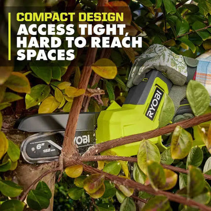 RYOBI ONE+ 18V 6″ Cordless Pruning Chainsaw Tool Only  Compact, Tool-less Tensioning, Oil-Free, 3-Year Warranty