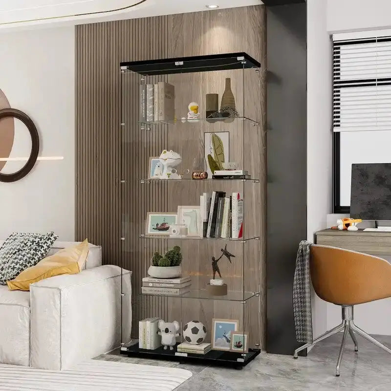 Double-Door Glass Display Cabinet  Five-Tier Shelving Unit with Tempered Glass Doors