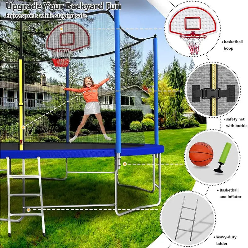 16-Foot Upgraded Trampoline with Enclosure Net and Adjustable Basketball Hoop