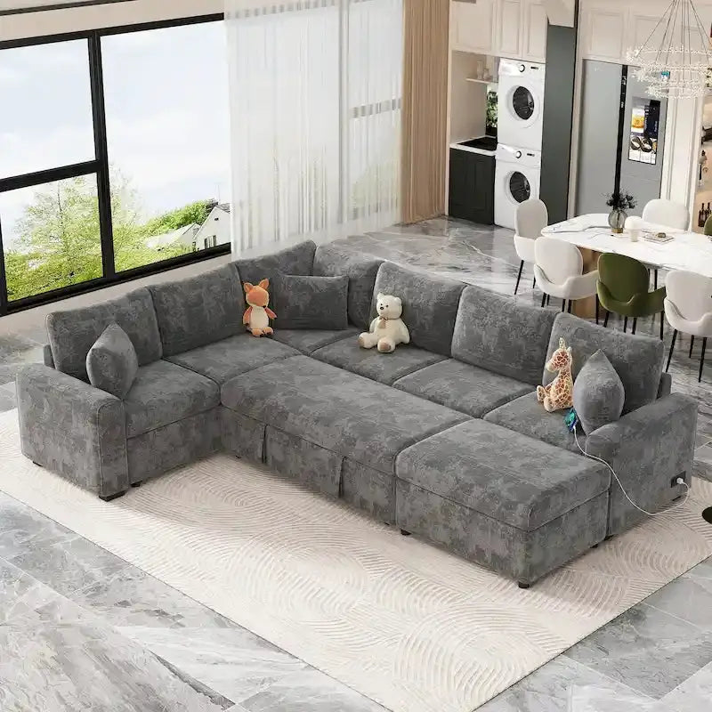 Chenille L-Shaped Sectional Sofa Bed — Pull-Out Mattress, Storage Ottoman, USB Charging & Decorative Pillows