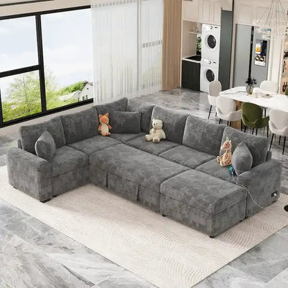 Chenille L-Shaped Sectional Sofa Bed — Pull-Out Mattress, Storage Ottoman, USB Charging & Decorative Pillows