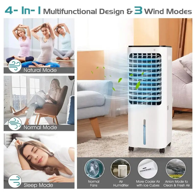 Portable Evaporative Air Cooler with LED Display, 12L Tank, 4 Ice Packs & 7.5-Hour Timer  Bladeless Design for Bedrooms and Living Spaces