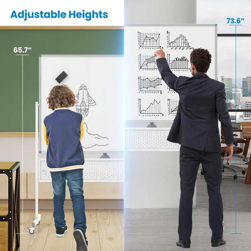 Height-Adjustable Rolling Dry Erase Board  48″ x 36″ Whiteboard with Pegboard, Storage Hooks, Trays & Magnets