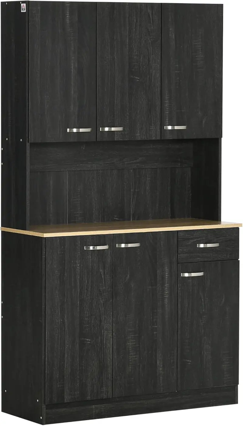 71-Inch Freestanding Grey Kitchen Buffet Cabinet Featuring Hutch Design, Microwave Storage, Coffee Bar Functionality, Adjustable Shelves, and Single Drawer