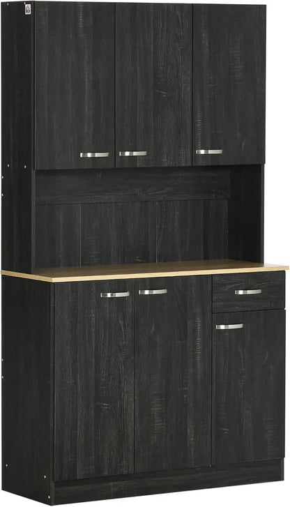 71-Inch Freestanding Grey Kitchen Buffet Cabinet Featuring Hutch Design, Microwave Storage, Coffee Bar Functionality, Adjustable Shelves, and Single Drawer